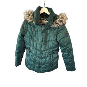 ZeroXposur Women's Green Puffer Jacket Faux Fur Hood Zip Pockets Size M Winter